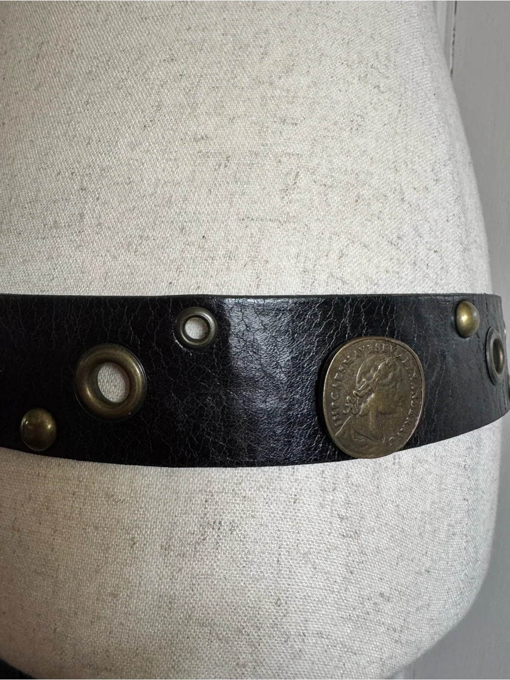 Sangiorgio Italian Black Leather Coin Studded Belt